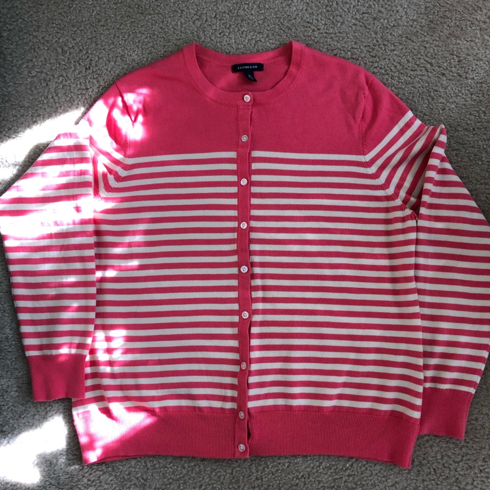 Lands End EUC Striped Cotton Cardigan Sz XL 18/20